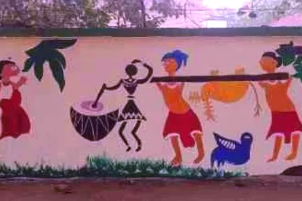 Tribal art engraved on walls on Tribal Pride Day in Ranchi District School