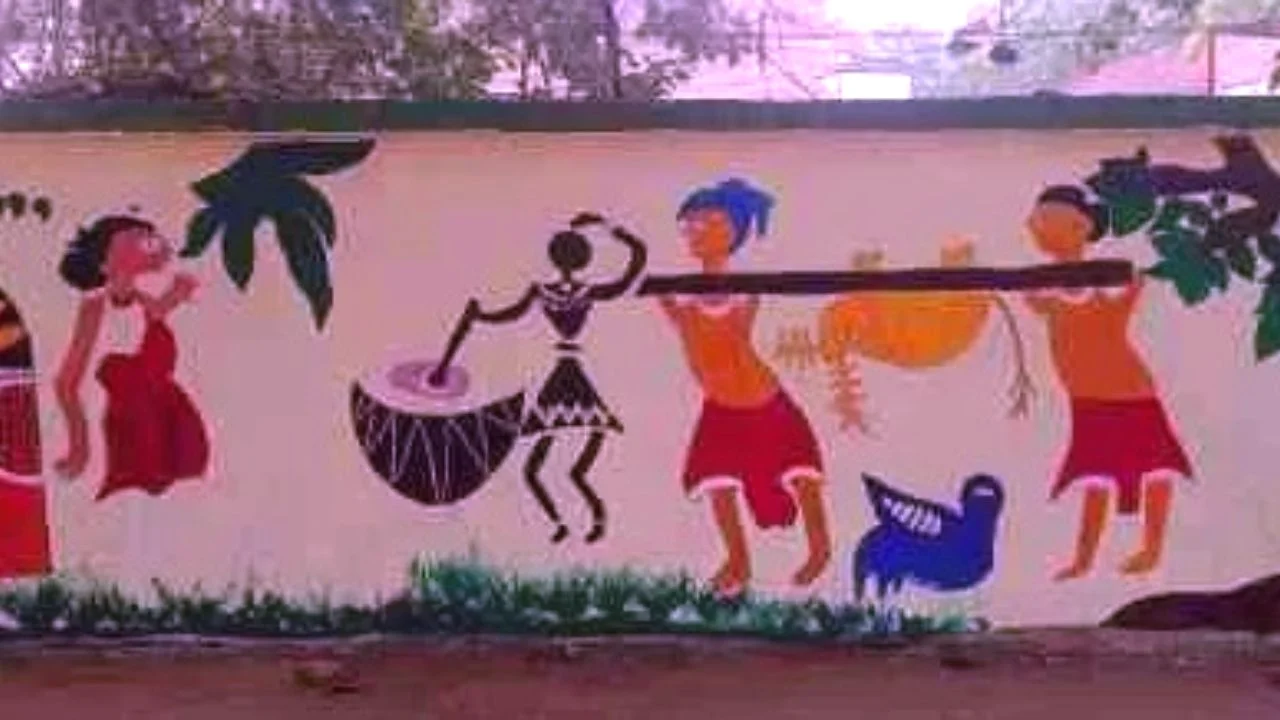 Tribal art engraved on walls on Tribal Pride Day in Ranchi District School